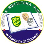 Okrągły logotyp Miejskiej Biblioteki Publicznej w Bornem Sulinowie. Przedstawia otwartą książkę z wizerunkiem herbu Miasta i Gminy Borne Sulinowo, palety malarskiej i greckiej maski komediowej. Logotyp podzielony na trzy kolory - zielony, biały i granatowy
