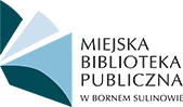 Okrągły logotyp Miejskiej Biblioteki Publicznej w Bornem Sulinowie. Przedstawia otwartą książkę z wizerunkiem herbu Miasta i Gminy Borne Sulinowo, palety malarskiej i greckiej maski komediowej. Logotyp podzielony na trzy kolory - zielony, biały i granatowy